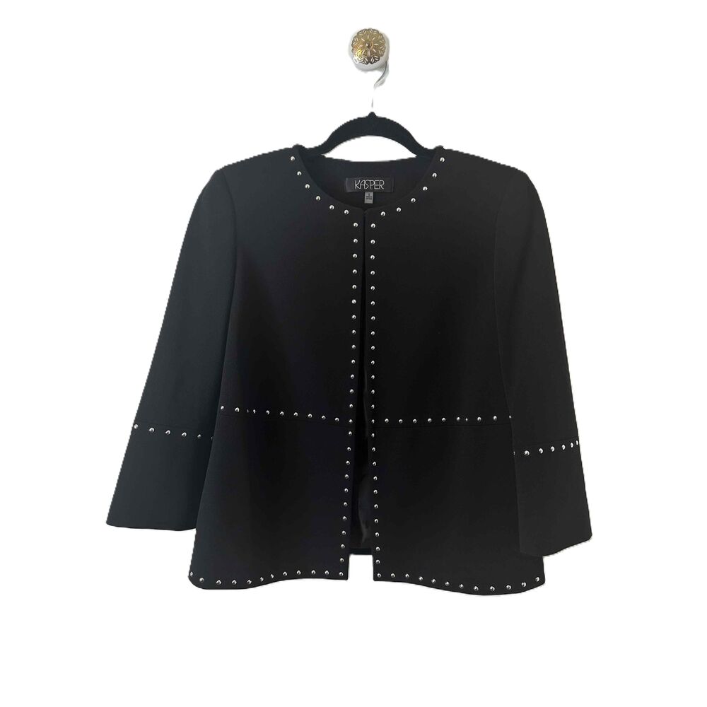 Kasper Blazer Womens Size Small Black Open Front Studded Detail Bell Sleeves